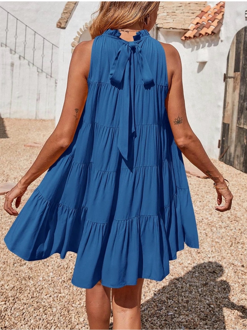 NWT Ruffled High-Neck Tiered Mini Dress in Blue Boho, Medium - Picture 2 of 7